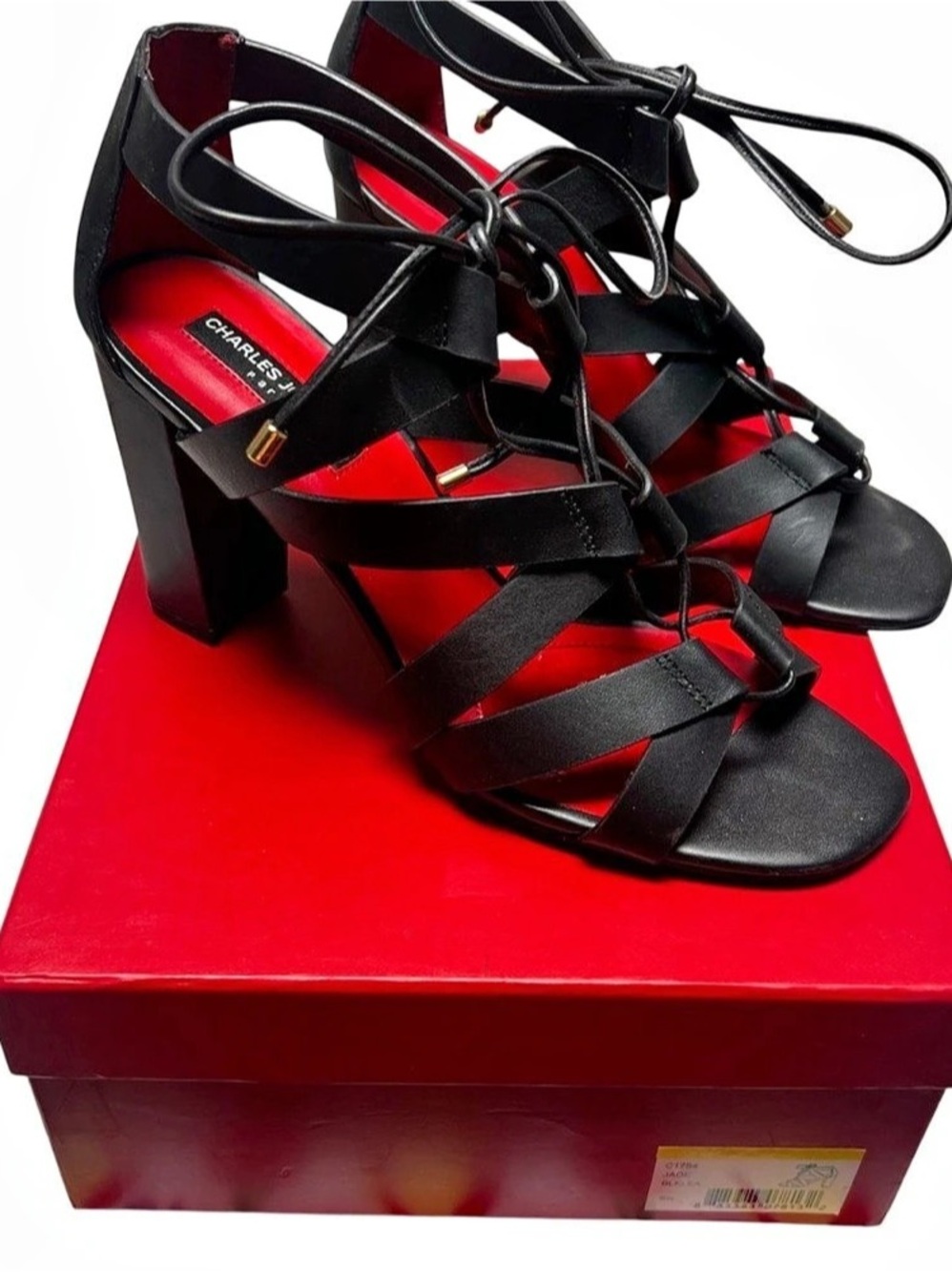 Charles Jourdan Jade Strappy Block Heel Sandals in Black & Red US 9.5